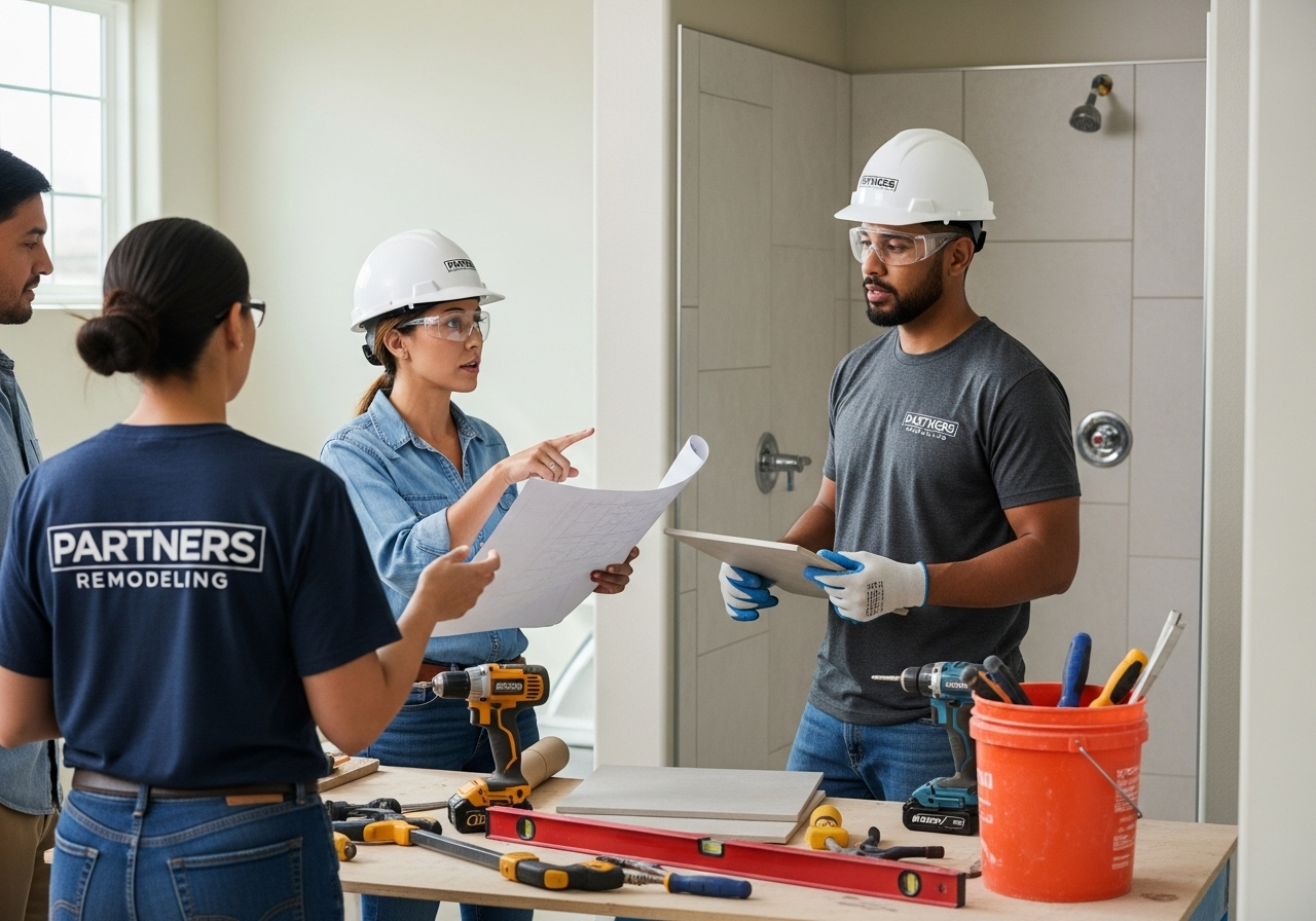 A realistic photo of a professional and diverse construction team (representing Partners Remodeling) actively working on a bathroom remodeling in Contra Costa County site. One person could be looking at a blueprint, another might be handling a tile, and a third perhaps discussing something with a client (partially visible). The site should appear well-organized, clean, and safe, with tools neatly arranged.
