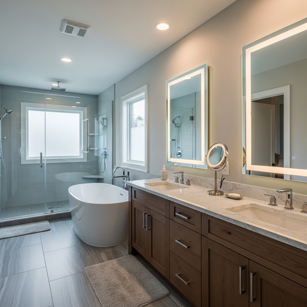 Luxury remodeled bathroom with glass shower, freestanding tub, and marble vanity – bathroom remodeling in Oakley, CA.