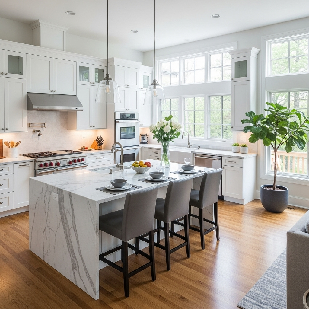 Modern remodeled kitchen with white cabinets, quartz countertops, and stainless steel appliances – kitchen remodeling in Oakley, CA.