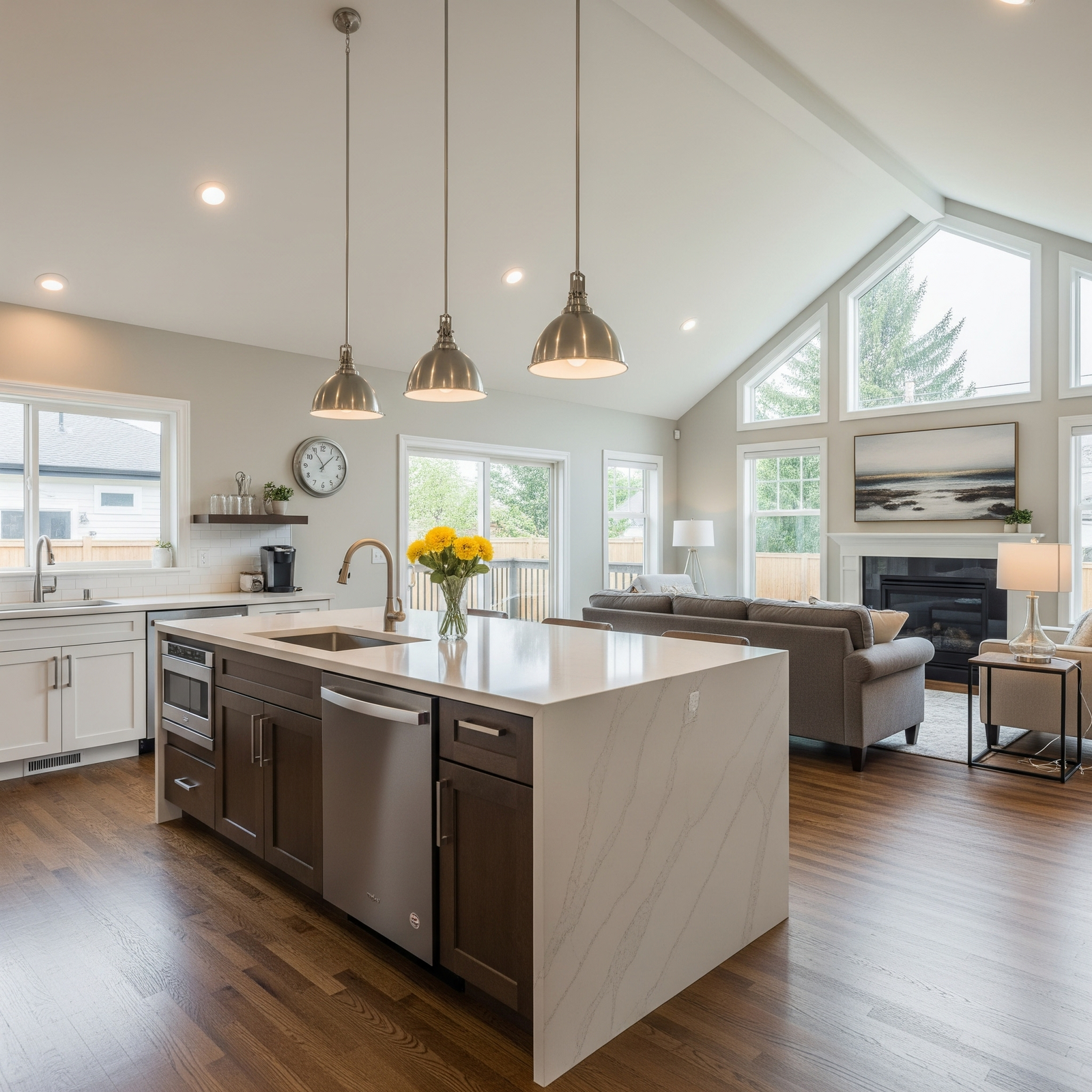 Modern open-concept kitchen and living room from full home remodeling Contra Costa County project featuring white quartz countertops, stainless steel appliances, hardwood floors, vaulted ceilings, large island with pendant lighting and seamless flow between spaces