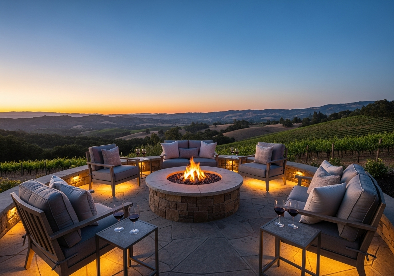 Elegant circular stone fire pit area from outdoor living remodeling Sonoma County project with comfortable outdoor furniture arranged around flames, wine glasses on side tables, rolling hills and vineyard landscape in background at sunset