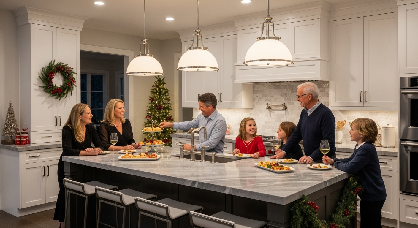 Elegant modern kitchen in Marin County home during holiday entertaining, featuring white and gray color scheme, large island with bar seating, pendant lighting, stainless steel appliances, holiday decorations, family gathering around island, warm evening lighting, professional interior photography Kitchen Renovation Marin County CA | Holiday 2025 Guide