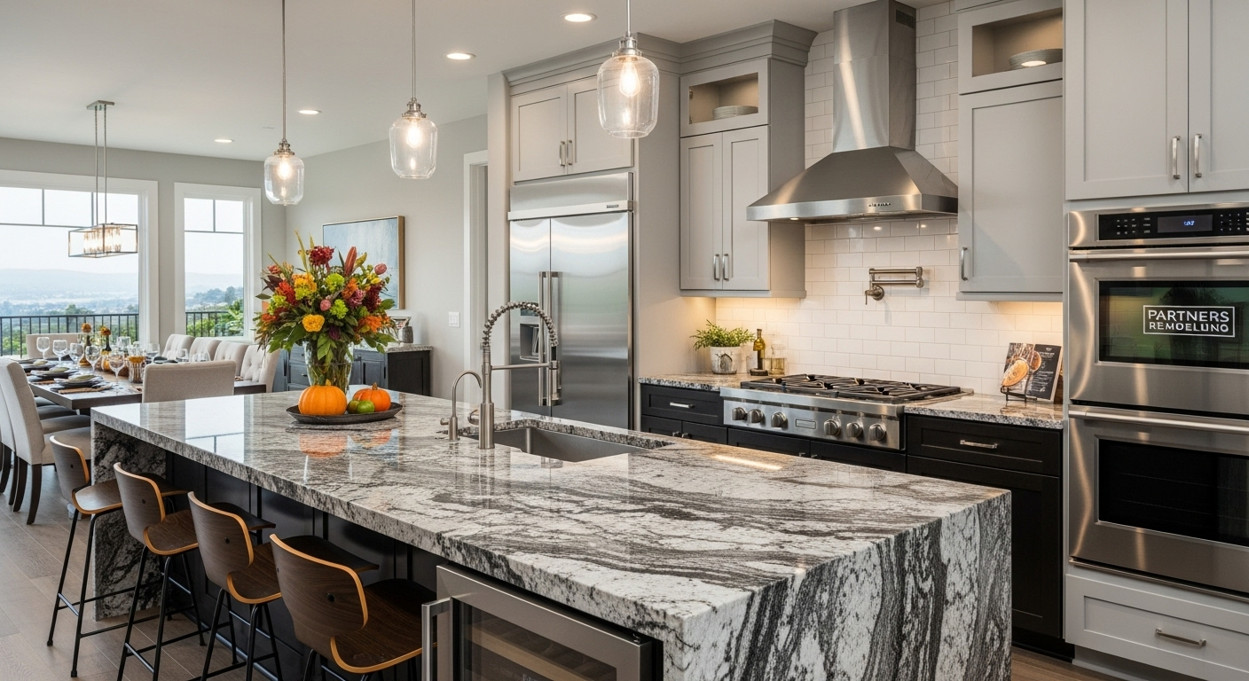 Modern kitchen remodeling San Francisco Bay Area project featuring large island with granite countertops, professional appliances, and open concept design perfect for Thanksgiving entertaining by Partners Remodeling