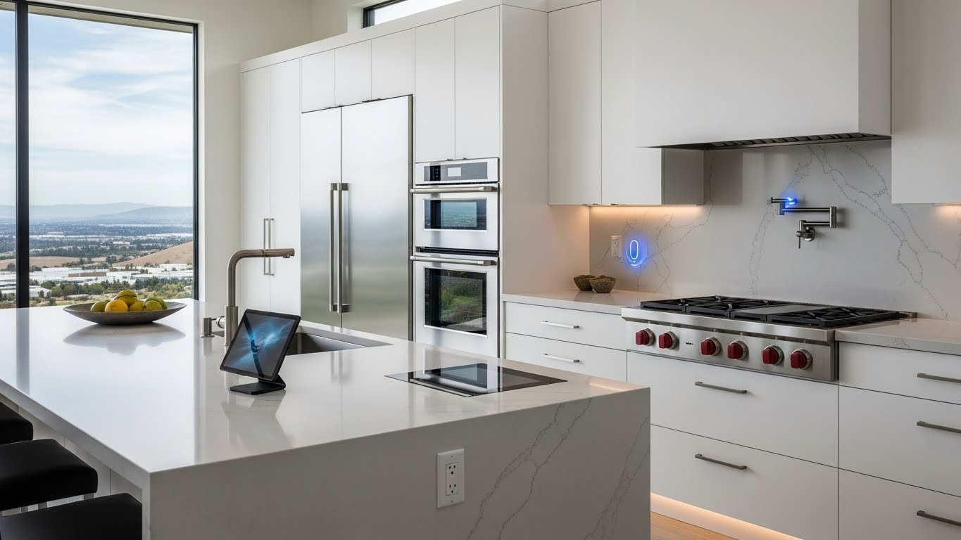 Photorealistic modern luxury kitchen in Santa Clara County California home, featuring 2026 design trends with smart appliances, voice-controlled systems, integrated tablet station, quartz waterfall countertops, custom white cabinetry, stainless steel appliances, LED lighting, large windows with Silicon Valley views, architectural photography style, natural daylight, 4K resolution" Kitchen Remodeling Santa Clara County 2026 Guide