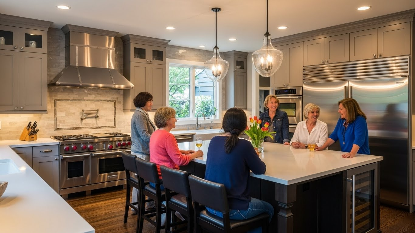 Kitchen Remodeling ROI San Francisco Bay Area 2025 "Completed luxury kitchen remodeling San Francisco Bay Area project showcasing all premium upgrades, family gathering in modern kitchen with island seating, professional appliances, elegant lighting, warm ambiance, lifestyle photography showing functional beauty and entertaining capability"