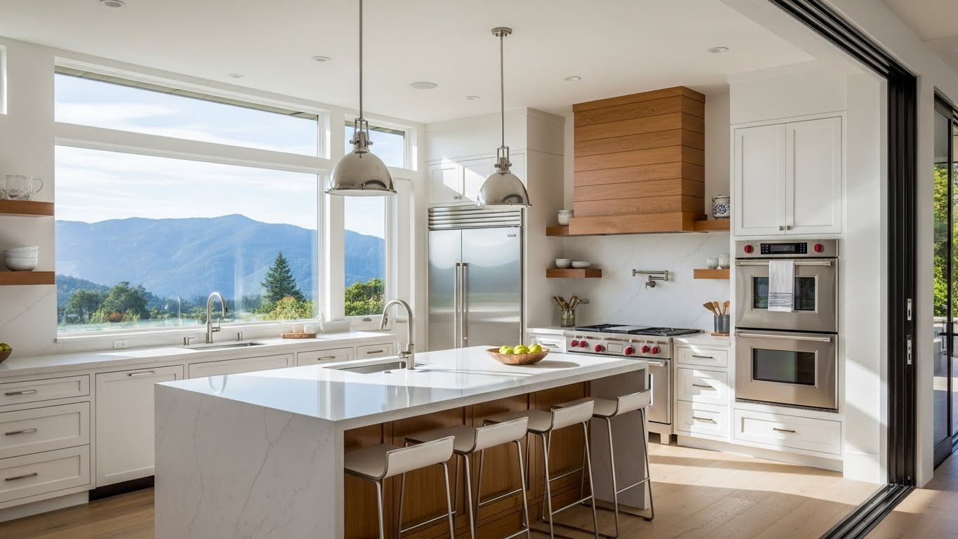 Photorealistic luxury kitchen in Marin County California home, featuring modern design with large windows showing mountain views, custom white cabinetry, quartz countertops, stainless steel appliances, natural wood accents, pendant lighting over island, hardwood flooring, indoor-outdoor connection, architectural photography style, natural daylight, 4K resolution Kitchen Remodeling Marin County CA Complete Guide 2025