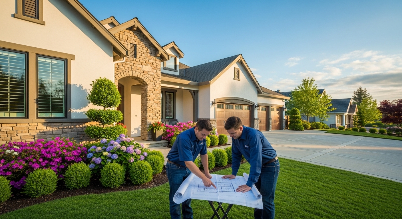 contractors reviewing spring home remodel checklist outside a Bay Area home"