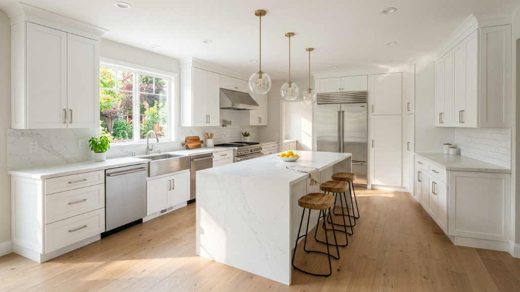 how to choose general contractor Bay Area 2026 — finished modern kitchen renovation with white cabinets and quartz countertops