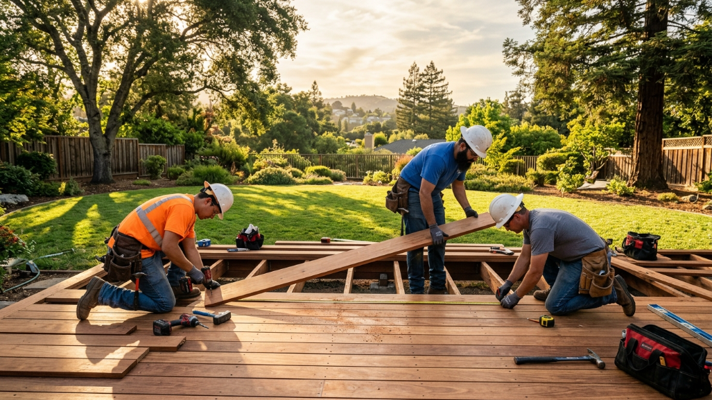 questions to ask Bay Area remodeling contractor before hiring answered as professional team installs custom wood deck in suburban backyard golden hour