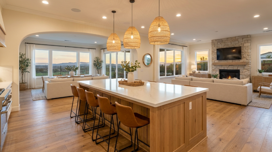 Finished open concept kitchen remodel with island in Brentwood, CA home