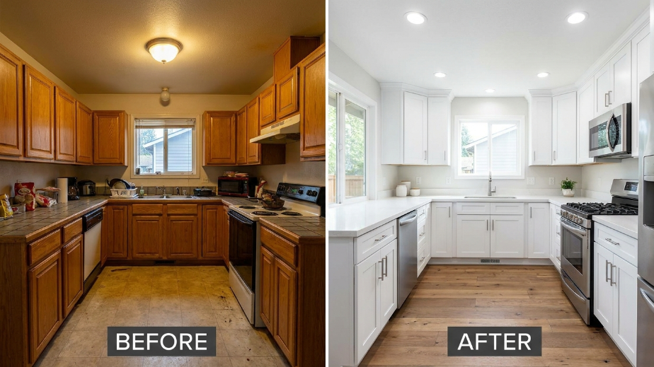 Before and after kitchen remodel comparison in a Bay Area home showing outdated oak cabinets versus modern white cabinetry