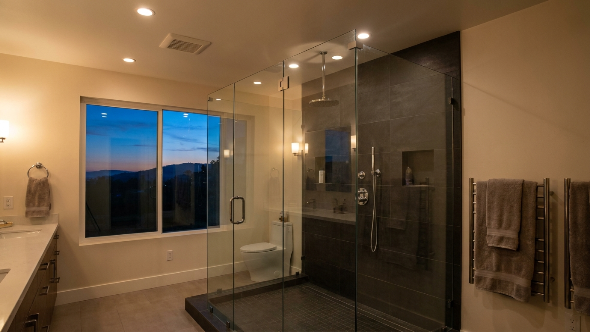 frameless glass walk-in shower in a remodeled master bathroom