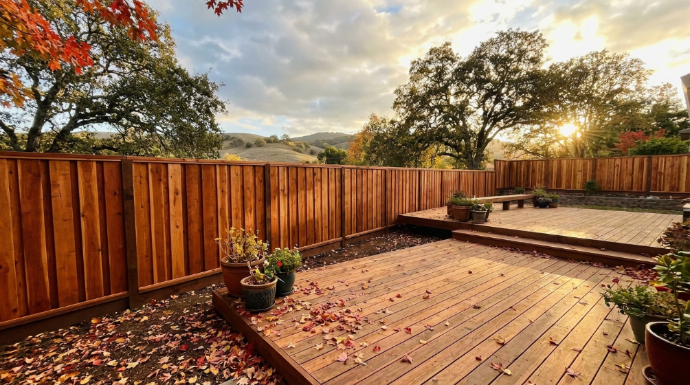 Finished wood fence and deck in a Contra Costa backyard on a fall afternoon